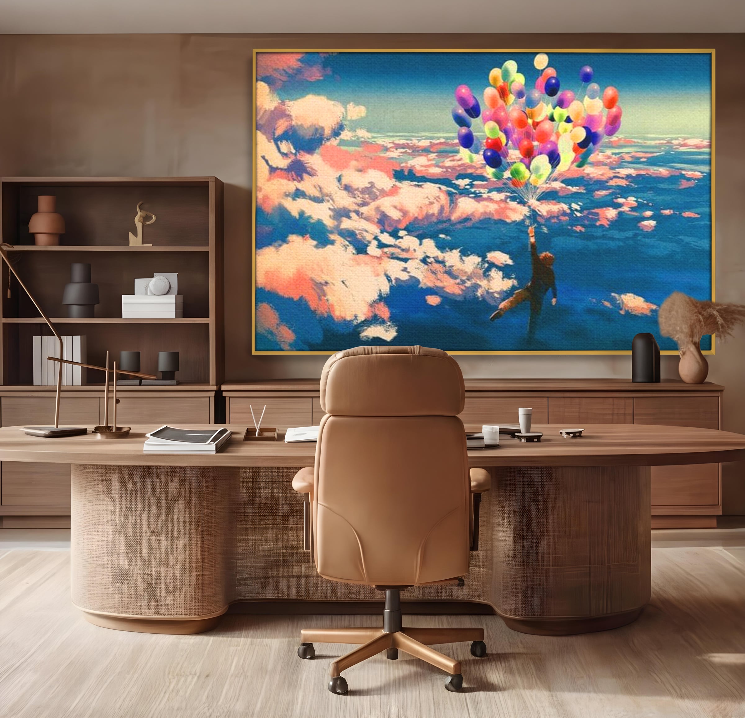 Tablou canvas cu tablou canvas cu om zburand cu baloane, in rama de aluminiu auriu, pe perete intr-un birou
